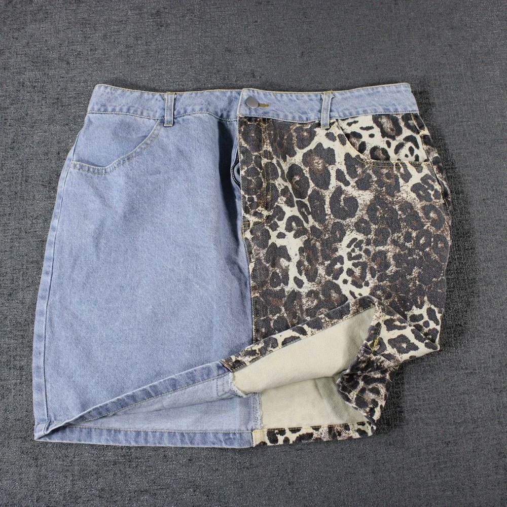 Arkling Womens XL Denim Mini Skirt Two Tone Leopard Print Blue‎ Light Wash Split